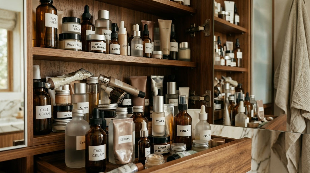 A cluttered shelf of skincare products